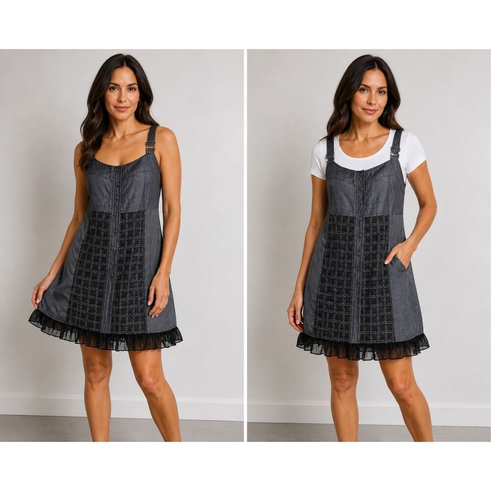 Driver XL Gray Patchwork Mini Dress Button Trim Front Adjustable Straps